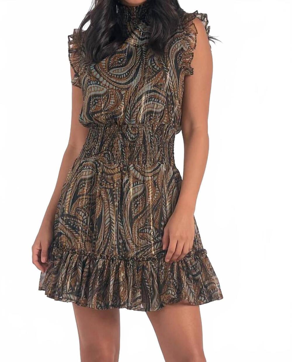 NEW ELAN sleeveless smocked mini dress in brown paisley